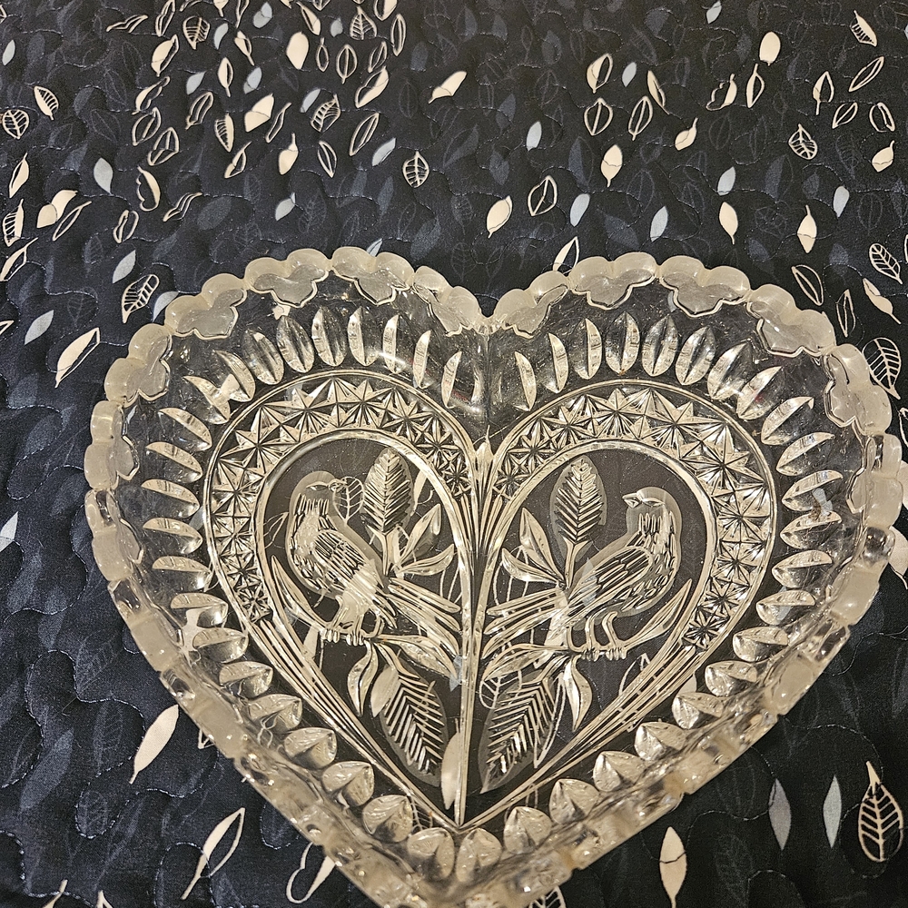 Heart-Shaped Cut Glass Dish with Bird Motif
